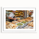 Abstract art print of Jerusalem skyline in muted earth tones on a framed white mat, ideal for bedroom or dining room decor.