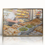 Framed acrylic print of Jerusalem skyline in gold and beige tones, suitable for modern art wall decor.