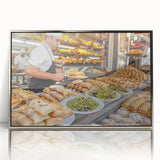 Mid-century modernist art of Jerusalem skyline in muted earth tones on framed acrylic, ideal for modern art wall decor.