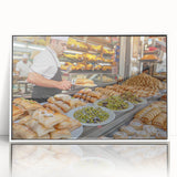 Acrylic print of Jerusalem scenery in muted earth tones, framed in white, suitable as modern art wall decor for a nursery.