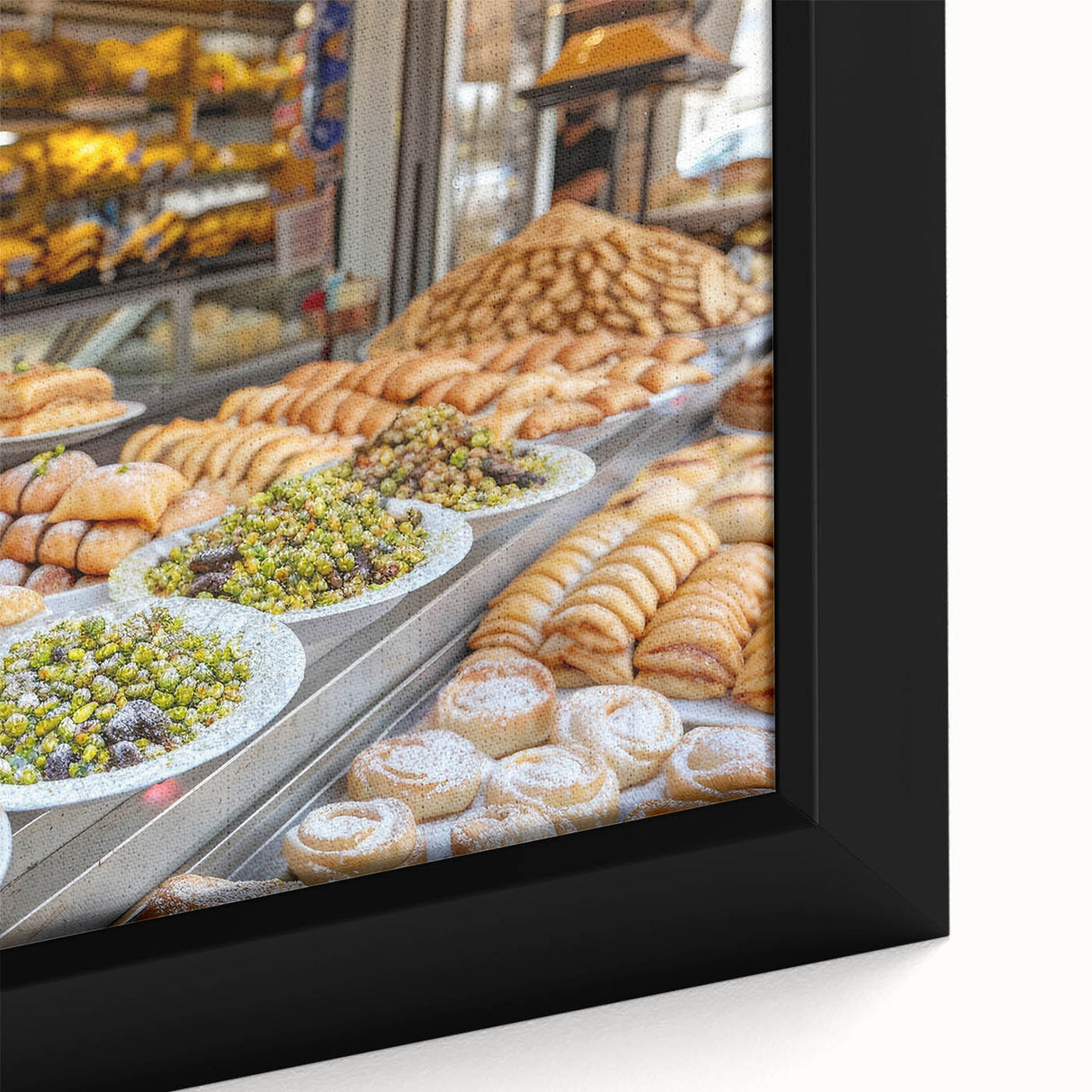 Framed canvas of Jerusalem cityscape with textured layers in black and vibrant hues.