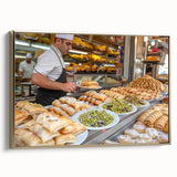 Framed canvas featuring a vintage-style landscape painting of Jerusalem in muted gold and black tones.