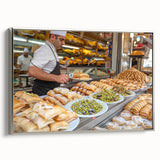 Framed canvas landscape art painting of Jerusalem featuring vintage poster art style in colorful and black hues.