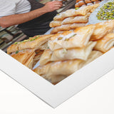 Art deco poster of Jerusalem skyline in muted earth tones on rolled canvas, suitable for dining room decor.