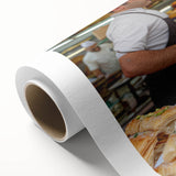 Art deco poster of Jerusalem skyline in muted gold and blue tones, rolled canvas, ideal for nursery wall art.