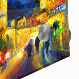 Large abstract wall art depicting a Middle Eastern scenery in muted earth tones on acrylic glass, ideal for dining room art.