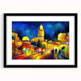 Colorful abstract art print of a Middle Eastern scenery in vibrant orange and blue tones on a large framed canvas.