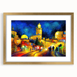 Extra large abstract art print of Middle-Eastern scenery in gold frame, featuring textured brush strokes.