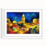 Abstract art print of a Middle Eastern scenery in muted earth tones on a white framed mat, suitable for dining room decor.