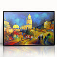 Large abstract wall art depicting a Middle Eastern scenery in muted earth tones on a framed acrylic.