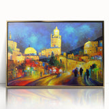 Large art print of a Middle Eastern scenery in Israel on a framed acrylic, featuring mid-century modernist gold tones.