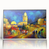 Art deco poster of a Middle East Israeli scenery in muted colors, framed in white acrylic.