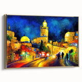 Framed canvas depicting a vintage-style landscape of the Middle East, with muted gold and black tones.