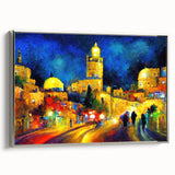 Framed canvas of a vintage-style landscape painting featuring a colorful Middle Eastern scenery.