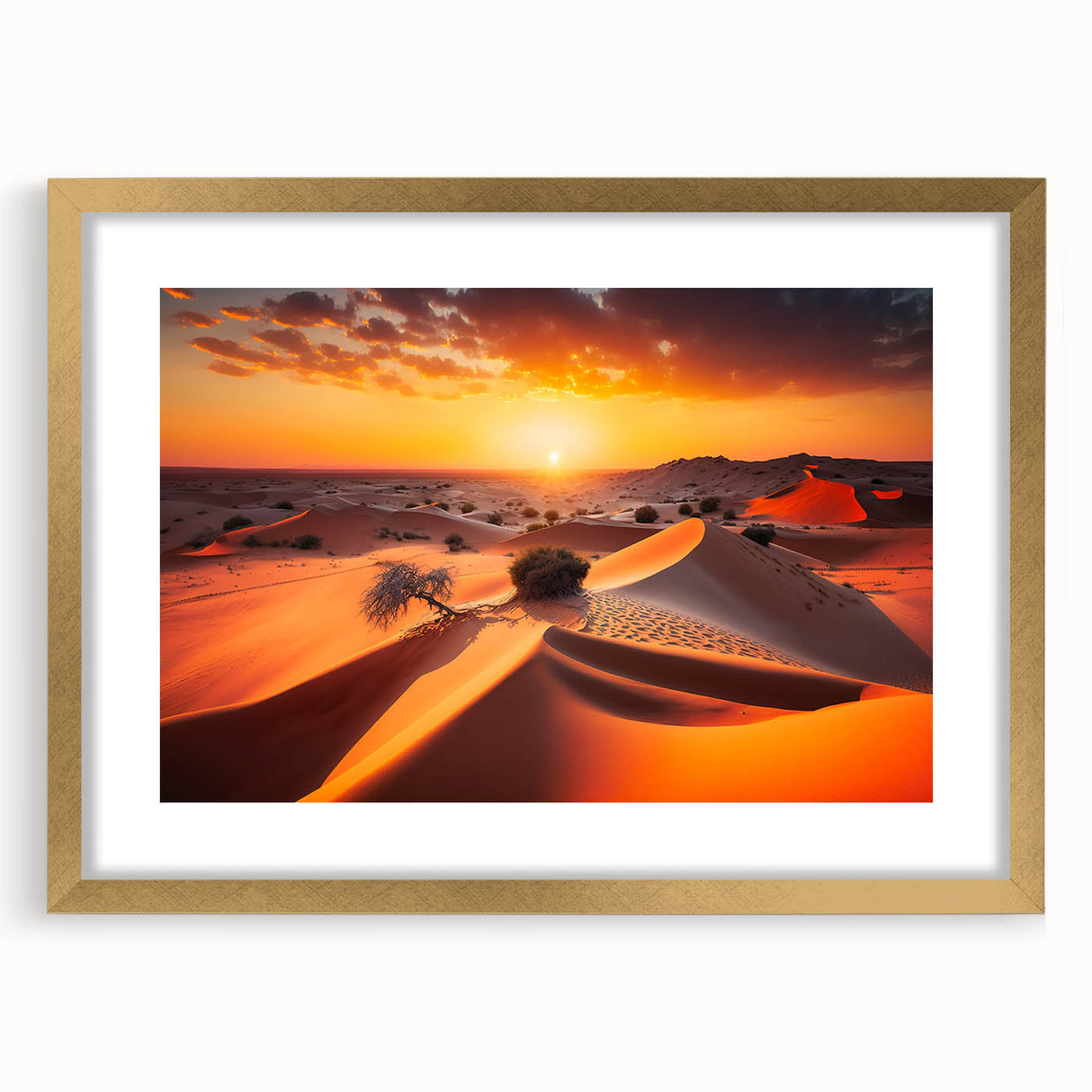 Extra large abstract art print of Abu Dhabi skyline in muted gold and beige tones on a framed canvas.