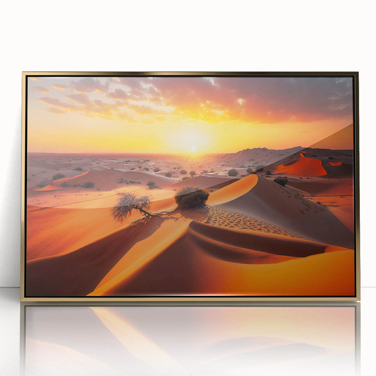 Large art print of Abu Dhabi skyline in gold and blue tones on a framed acrylic, suitable for modern art wall decor.