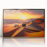 Large art print of Abu Dhabi skyline in gold and blue tones on a framed acrylic, suitable for modern art wall decor.