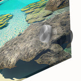 Large abstract wall art of Oceania Fiji scenery in muted oceanic hues on acrylic glass, ideal for dining room ambiance.