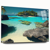 Large abstract ocean scene in blue and white hues on acrylic glass, suitable for bedroom or dining room decor.