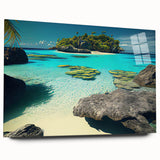 Large abstract wall art of a serene Oceania Fiji scenery in muted blue and green tones on acrylic glass.