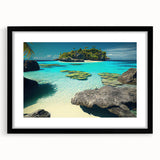 Extra large abstract art print depicting vibrant, textured ocean scenery in Fiji, framed in black.