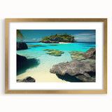 Extra large abstract art print of Oceania scenery in Fiji, featuring textured blue and green hues on a gold-framed canvas.
