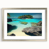 Textured abstract art print depicting an oceanic scene in cool blue and green tones, framed in silver.
