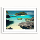Abstract art print depicting a serene Oceania Fiji scenery in muted blue and white tones, framed with a white mat.