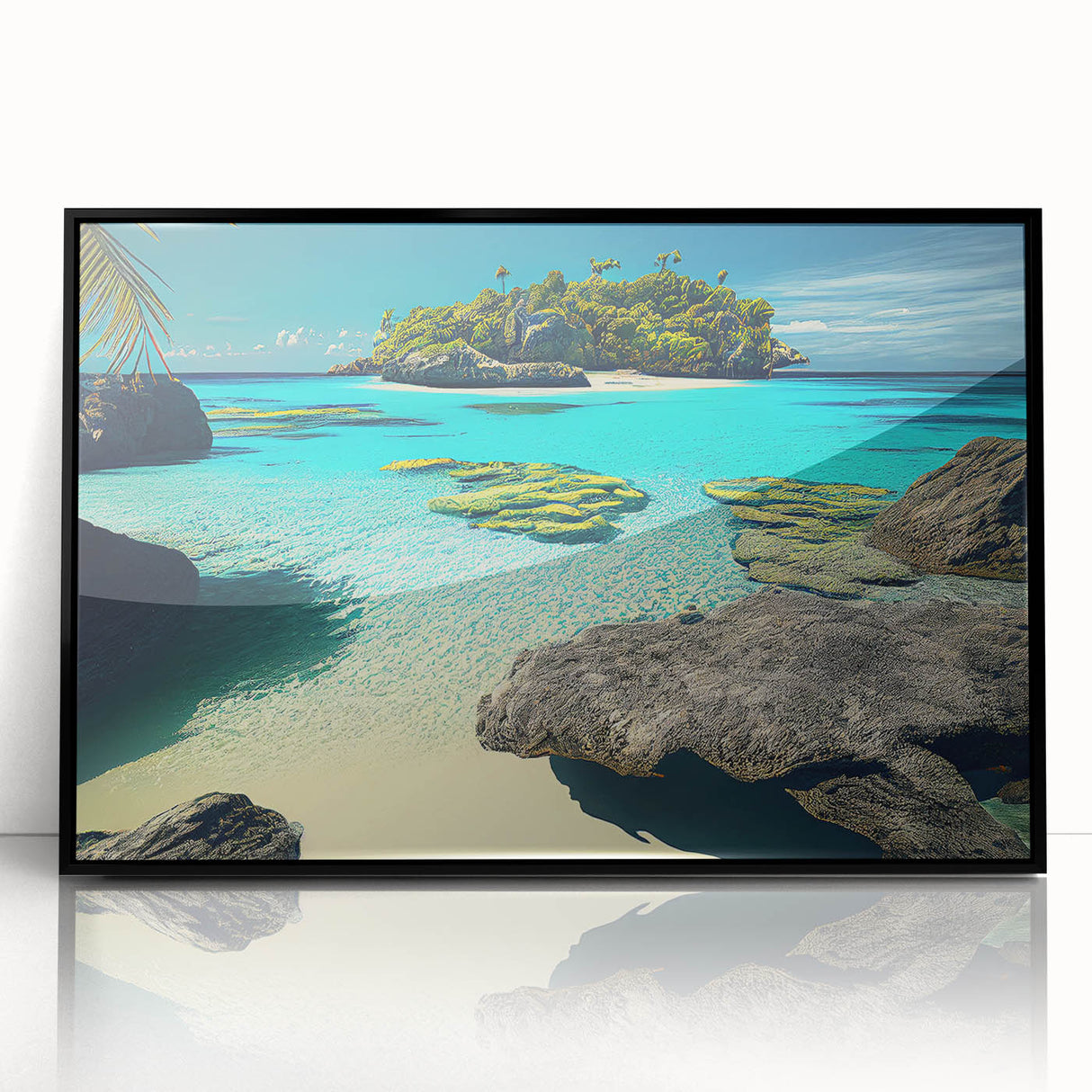Large abstract wall art of Oceania's Fiji scenery in muted blue and green tones on framed acrylic.