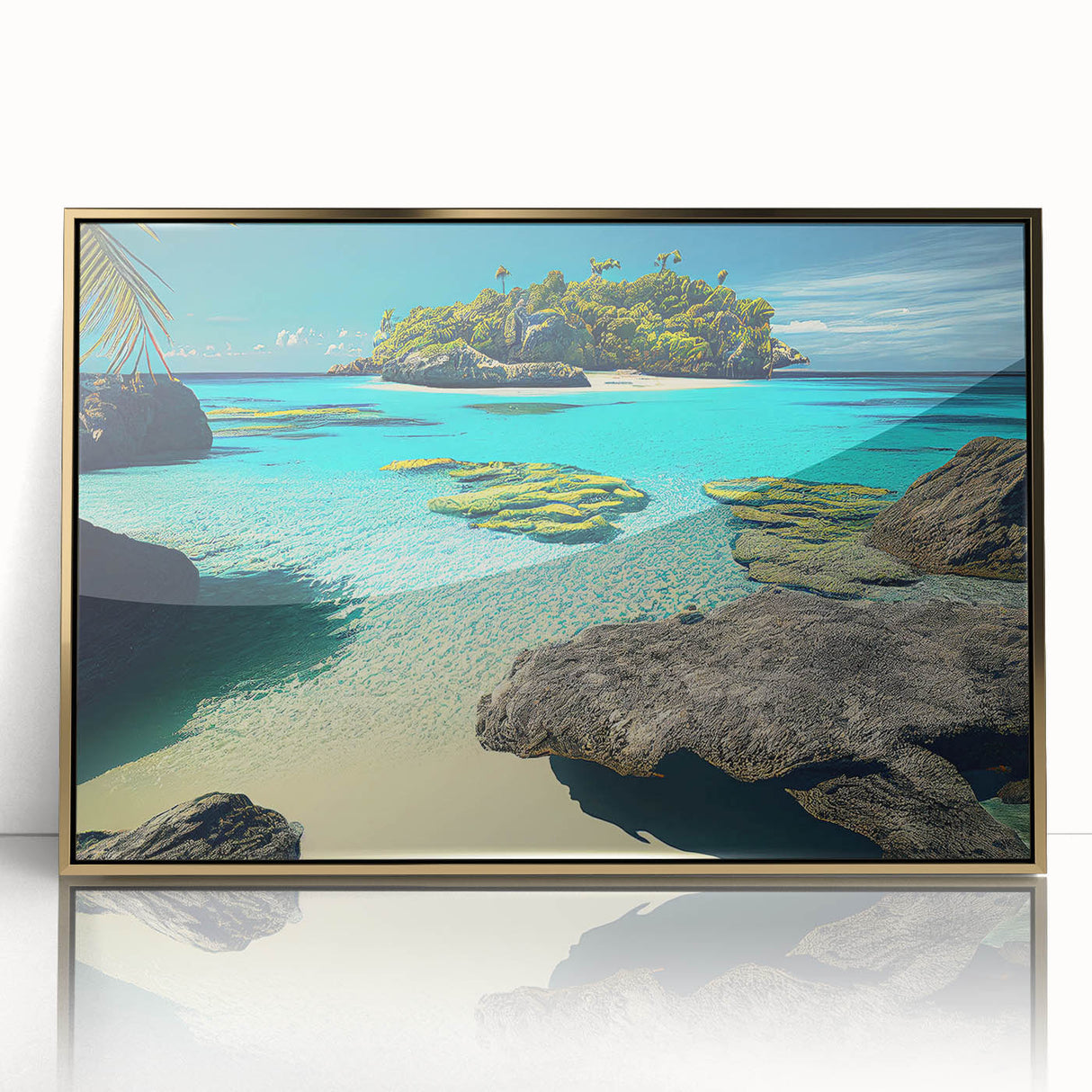Mid-century modernist style landscape of Fiji, vibrant blue and green hues, framed acrylic print.