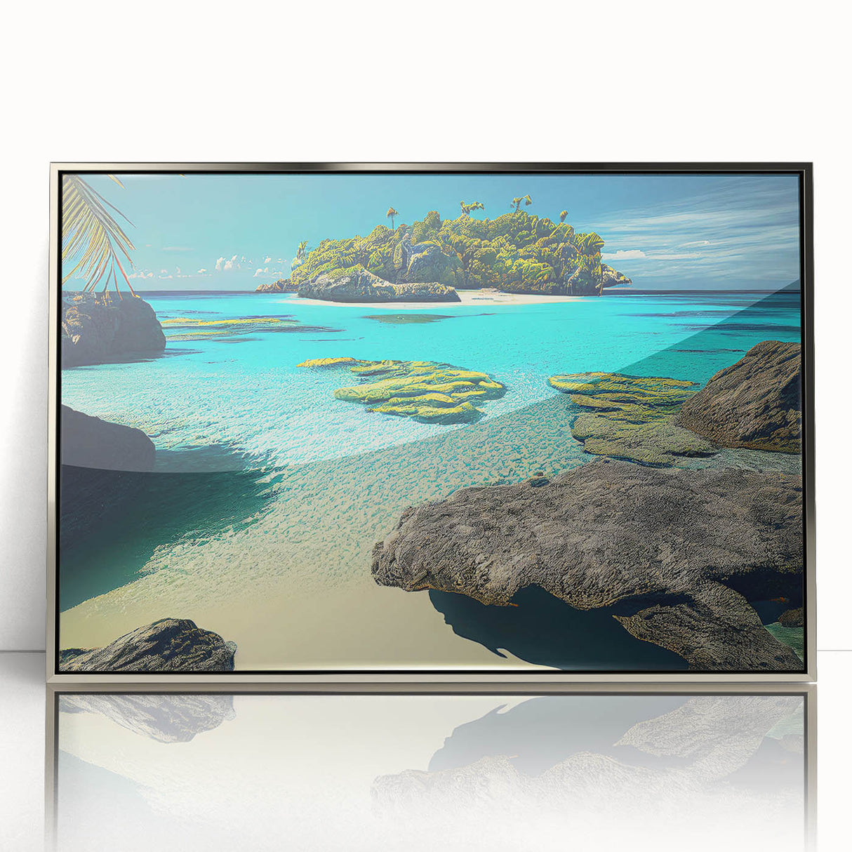 Mid-century modernist art depicting a serene Fiji coastline in muted blue and green tones on a silver-framed acrylic print.