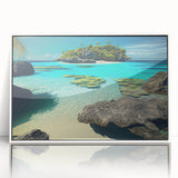 Art deco poster of a Fiji scenery in pastel shades on framed acrylic, ideal for modern art wall decor.
