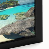 Black wall art depicting a textured Fiji scenery on framed canvas, with vibrant colors, ideal for living room decor.