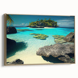 Framed canvas depicting a serene Fiji landscape in muted earth tones, ideal for bedroom wall art.