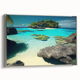 Framed canvas landscape art painting featuring a serene Fiji scenery in vibrant color palette, ideal for living room decor.