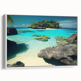 Vintage poster art of a colorful Fiji scenery on extra large framed canvas, ideal for living room decor.