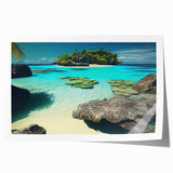 Extra large rolled print of a Fiji scenery with vibrant ocean blues and lush greens, ideal for art wall dining room.