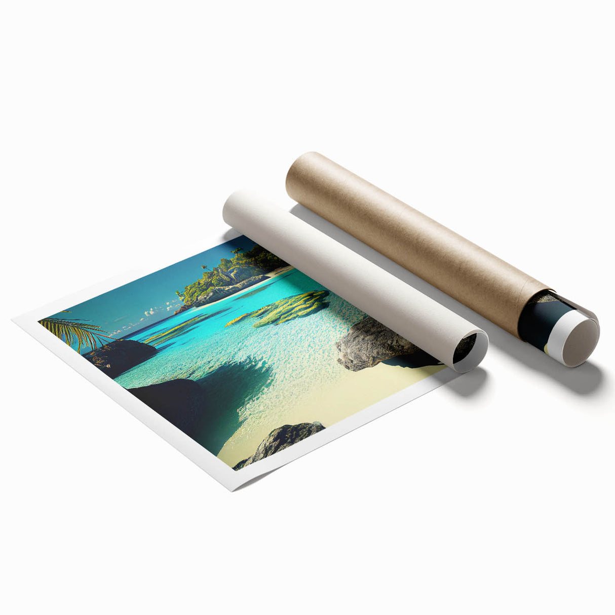 Extra large rolled print featuring a serene Fiji scenery with lush florals in soft color tones.