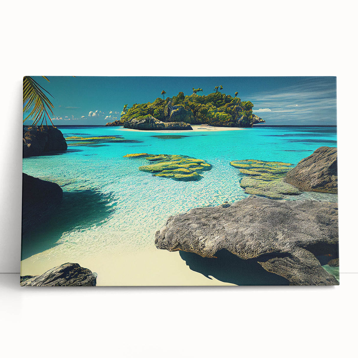 Black and white stretched canvas featuring a serene Fiji oceanic scenery, ideal for kitchen wall art or bedroom ambiance.