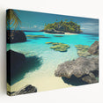 Large stretched canvas depicting a serene Fiji ocean scene in soft blue and turquoise tones, ideal for kitchen wall art.