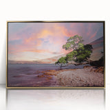 Acrylic print of Auckland skyline in muted gold and blue tones on a framed canvas, ideal for modern art wall decor.