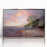 Acrylic print of Auckland skyline in muted silver tones, framed in silver, suitable as modern art wall decor.