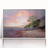 Mid-century modernist art depicting Auckland's skyline in muted blue tones on a framed acrylic.