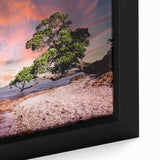 Black wall art depicting Auckland skyline with colorful, textured details on a framed canvas, ideal for living room decor.