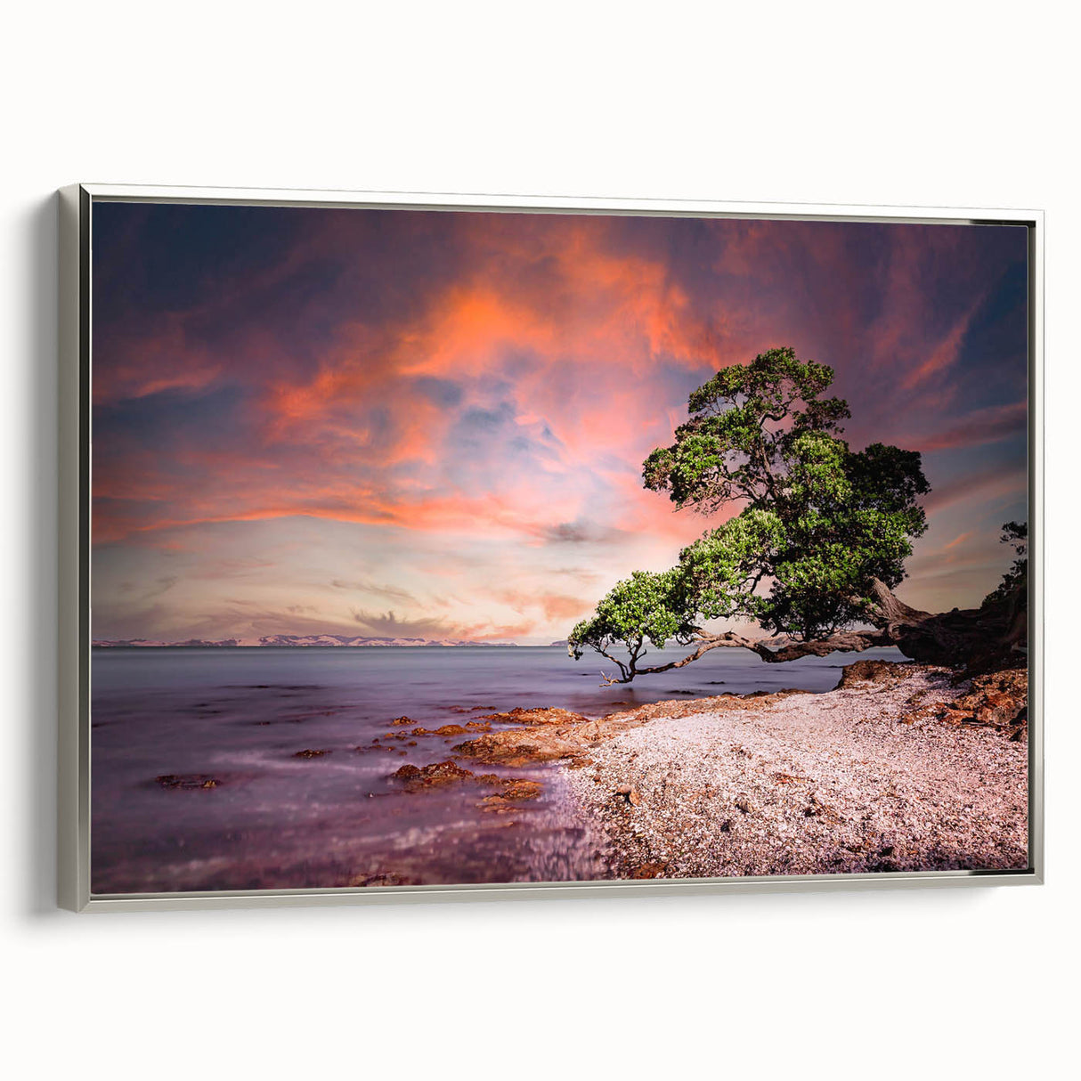 Framed canvas landscape art painting of Auckland skyline in vibrant colors on a black background, suitable for office decor.