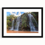 Colorful abstract art print of a textured Bolivian landscape on a large framed canvas, ideal for living room decor.