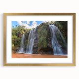 Extra large abstract art print of a textured Bolivian landscape in muted earth tones, framed in gold.