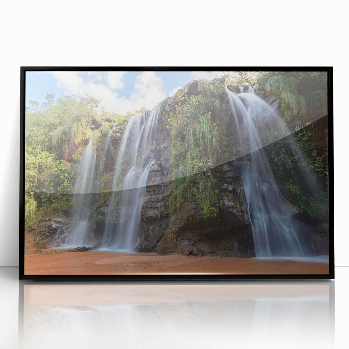 Large abstract wall art depicting a Bolivian landscape in earthy tones on a black framed acrylic print.