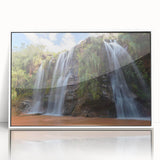 Art deco poster of a Bolivian landscape in muted earth tones, framed acrylic, ideal for modern art wall decor.