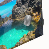 Large abstract wall art featuring a mid-century modernist Brazilian landscape in vibrant colors, printed on acrylic glass.